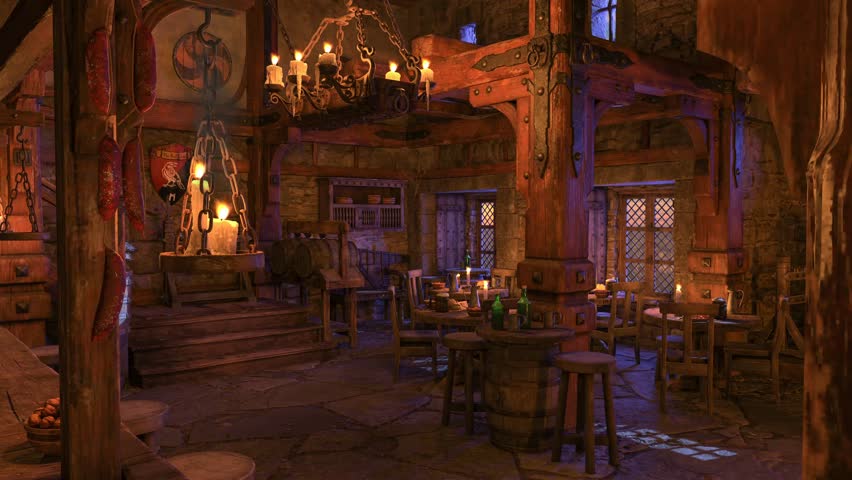 Candlelit medieval inn bar with tables of food and drink in the evening. 3D animation. Royalty-Free Stock Footage #1104847333