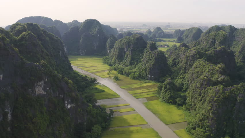 Aerial top view of fresh paddy rice and lake river, green agricultural fields with mountain hills valley in countryside or rural area of Ninh Binh, in Asia, Vietnam. Nature landscape. Ninh Binh