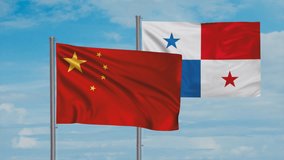 Panama flag and China flag waving together on blue sky, looped video, two country cooperation concept