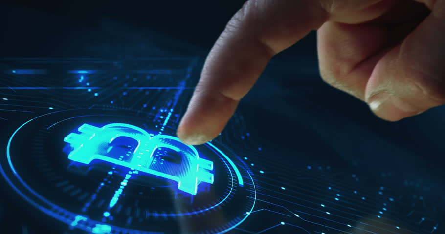 Bitcoin blockchain crypto currency and digital money symbol digital abstract 3d concept. Finger touch cyber technology and computer network background.