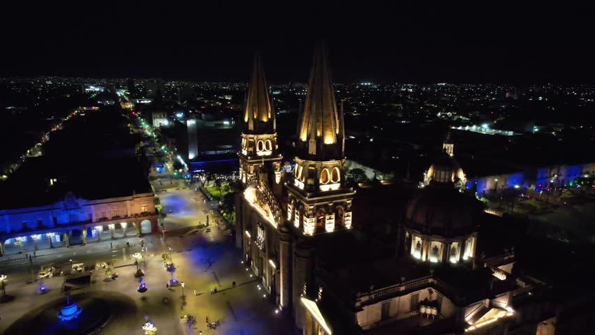 Guadlajara Night Aerial front of Catedral de Guadalajara