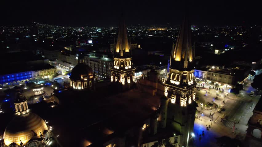 Guadalajara Night Aerial Rear View of Catedral de Guadalajara