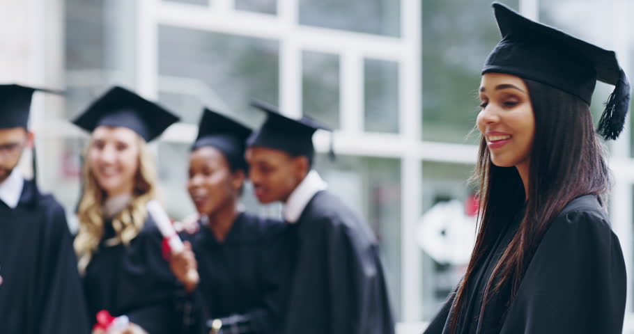 Education, university and woman graduate with certificate, face or smile of academic success with pride. Achievement, college or portrait of happy female person with diploma, degree or paper at event | Shutterstock HD Video #1104849547