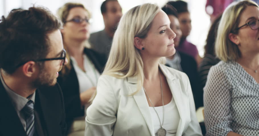Audience, worker seminar and woman question for speaker at a company conference. Tradeshow, crowd and business employee with conversation and discussion at a entrepreneur workshop for training | Shutterstock HD Video #1104849647