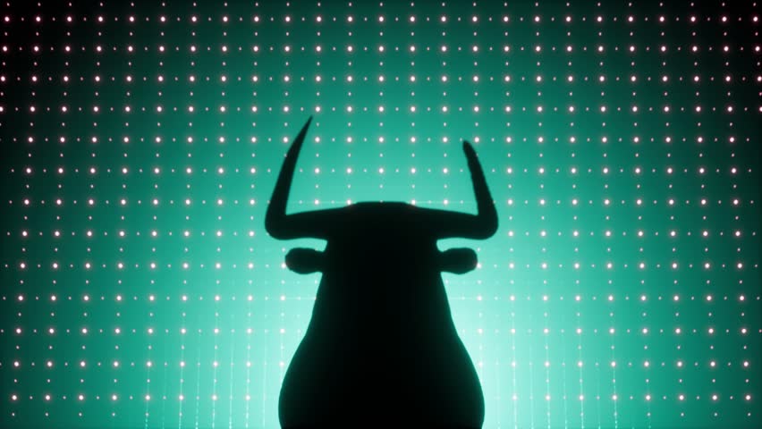 Silhouette animation of bull or cow with grid background in move. Futuristic scifi animal video