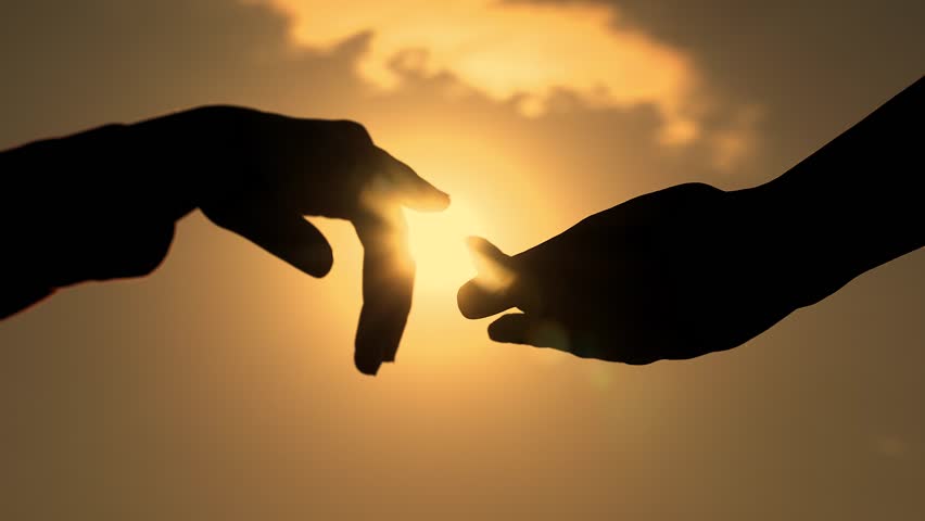 Finger Touching hands, silhouette of man, woman in sun, couple feels love. Reunion of loved ones, family happiness. Gentle touch with fingers of hands in sunset. Black hands touching each other Royalty-Free Stock Footage #1104855723