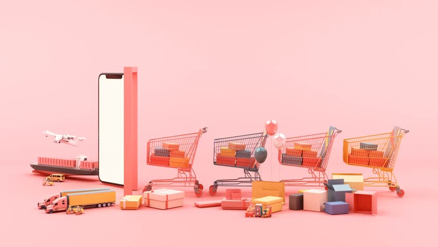 Fast delivery by scooter and van and plane on mobile E-commerce concept Online order with shopping cart and many box on pink background 3d animation loop