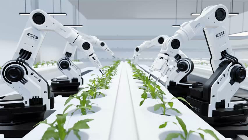 Smart Robotic Farmers - Futuristic Concept of Agriculture Technology and Farm Automation. Perfect for Illustrating Robotics in Farming, Sustainable Agriculture, Cutting-Edge Agricultural Innovations Royalty-Free Stock Footage #1104860093