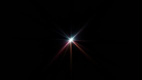 Loop center colorful star optical flare shine rays on black abstract background for screen project overlay. Lighting lamp rays effect dynamic bright video footage. 

