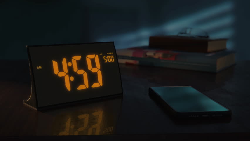 Digital alarm clock with orange clockface and the smartphone waking up at 5 AM. The numbers on the clock screen changes from 4:59 no 5:00 AM. And the alarm goes off on the phone. Close up view. Royalty-Free Stock Footage #1104863539