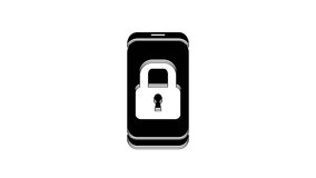 Black Smartphone with closed padlock icon isolated on white background. Phone with lock. Mobile security, safety, protection concept. 4K Video motion graphic animation.