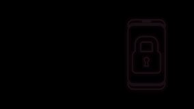 Glowing neon line Smartphone with closed padlock icon isolated on black background. Phone with lock. Mobile security, safety, protection concept. 4K Video motion graphic animation.