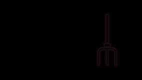 Glowing neon line Garden pitchfork icon isolated on black background. Garden fork sign. Tool for horticulture, agriculture, farming. 4K Video motion graphic animation.