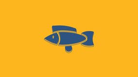 Blue Fish icon isolated on orange background. 4K Video motion graphic animation .