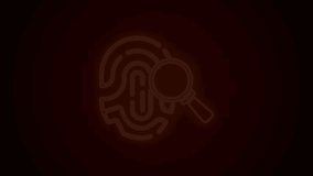 Glowing neon line Magnifying glass with fingerprint icon isolated on black background. Identification sign. 4K Video motion graphic animation.
