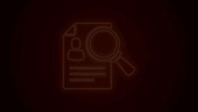 Glowing neon line Document, paper analysis magnifying glass icon isolated on black background. Evidence symbol. 4K Video motion graphic animation.