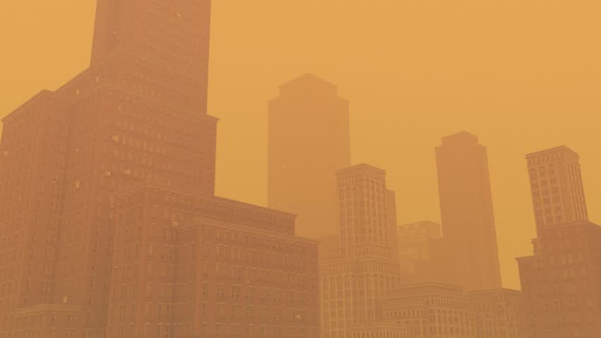 Big city covered in dangerous smoke from wildfires. Orange sky. Tracking shot. Worst air quality in the world. Royalty-Free Stock Footage #1104872167