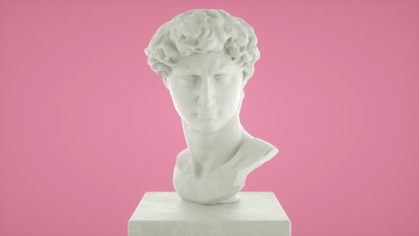 Bust statue cut sliced with surreal rotating movement. Greco Roman sculpture 3d model design. David Michelangelo white head. Modern conceptual art, contemporary art in vaporwave style