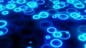 Abstract neon groovy 80s retro background. Seamless loop animation. Synthwave videogame landscape with glowing blue rain puddles circles texture. 4K 3D 30 fps
