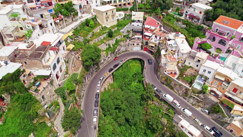 Italy Vibrant Positano Narrow Road Houses Elevated Steady Still Life Drone Aerial