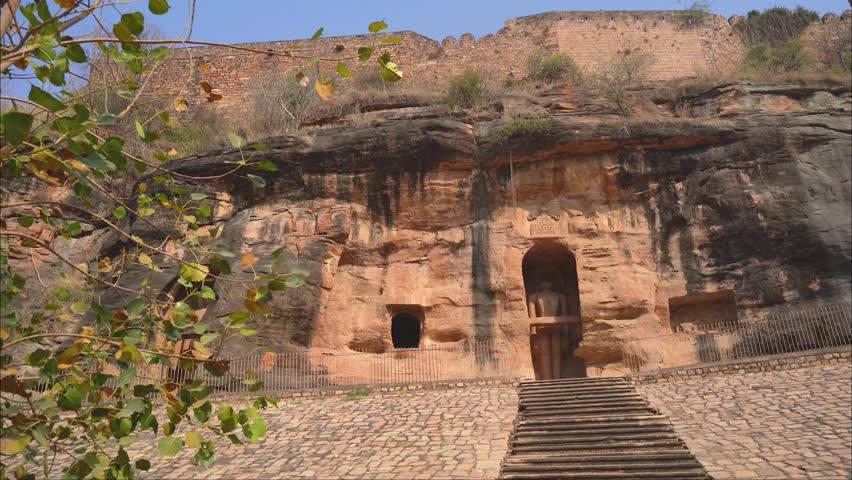 Ancient Jain sculptures and caves carved out of rocks at Gopachal Parwat of Gwalior Fort, Madhya Pradesh , India
