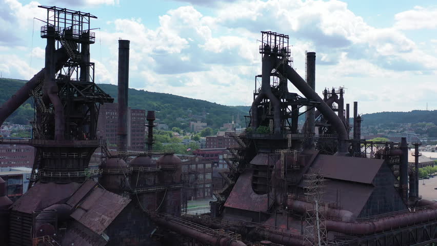 Aerial Bethlehem Steel Stacks Rear Left to Right Arc Orbit