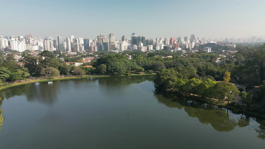 Aerial view of Sao Paulo city, next to Ibirapuera Park. Prevervetion area with trees and green area of Ibirapuera park in Sao Paulo city, Brazil.