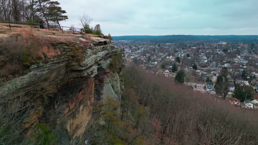 Aerial view along tall cliff, Mount Pleasant, Lancaster, Ohio with neighborhoods in background