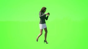 3d people green screen European female traveler working with a mobile phone and taking video and walking from the side angle