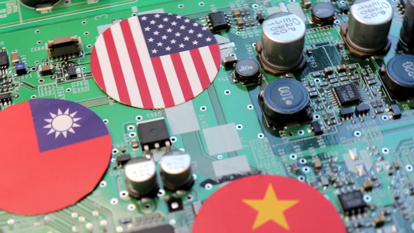 Rotating video of motherboard and flag. Image: Semiconductor wars between the United States and China Royalty-Free Stock Footage #1104888055