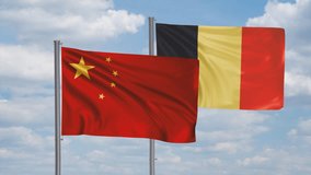 Belgium flag and China flag waving together on blue sky, looped video, two country cooperation concept