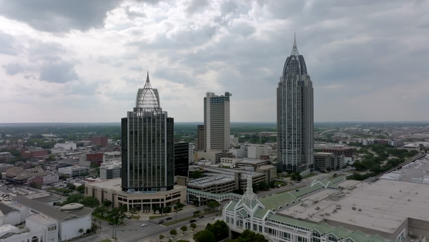 Downtown Mobile, Alabama skyline with drone video moving in.