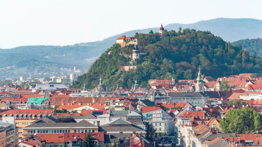 Timelapse of the Schlossberg Graz with a view over the city center of Graz