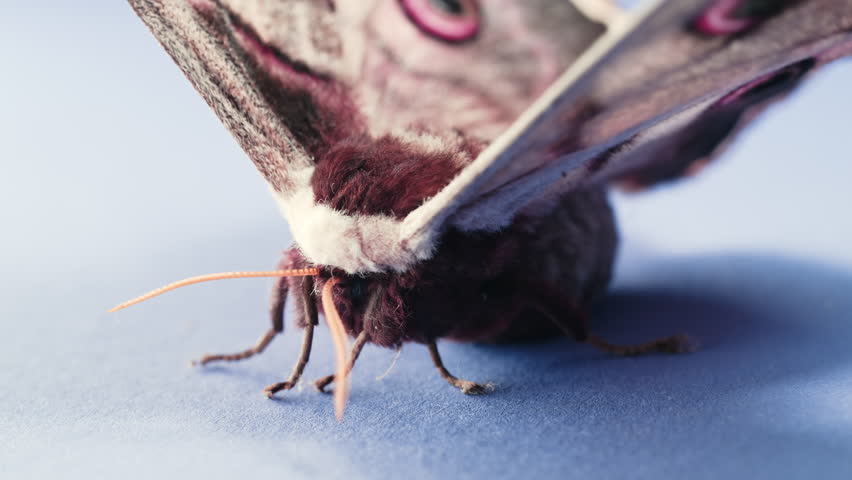 Night butterfly - Saturnia pyri, giant peacock moth flapping its wings on violet