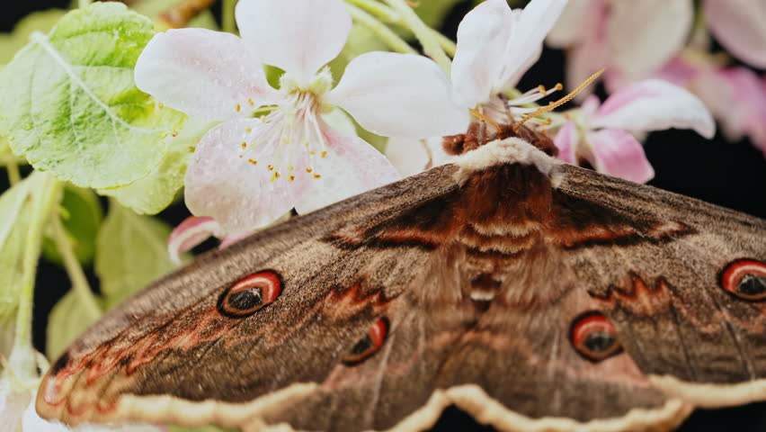 Night butterfly Saturnia pyri, giant peacock moth eating flower on apple branch