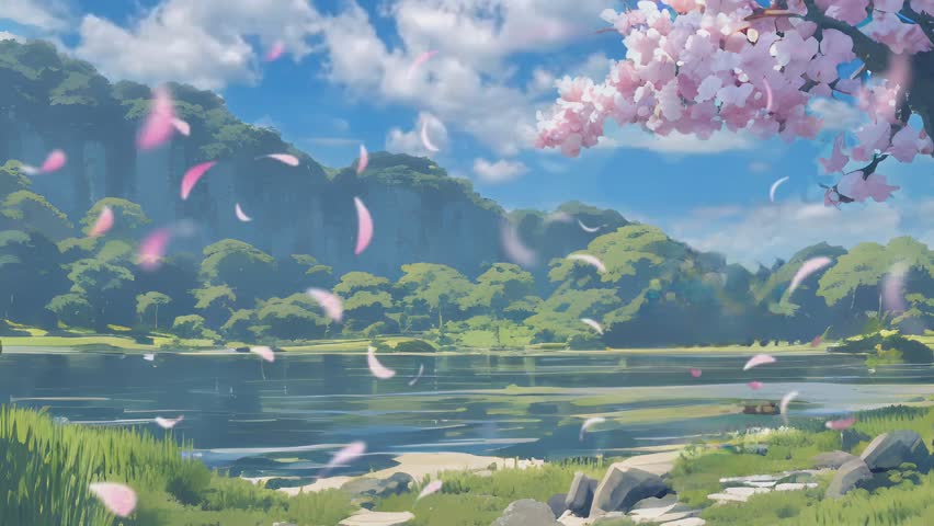 Beautiful fantasy spring nature landscape and cherry blossom tree animated background in Japanese anime watercolor painting illustration style. seamless looping video animated background.	