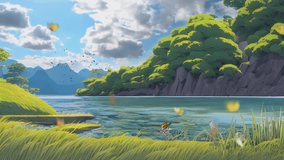 Beautiful fantasy summer natural scenery background animation with Japanese anime watercolor painting illustration style. seamless looping video animated background.	
