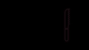 Glowing neon line Bread knife icon isolated on black background. Cutlery symbol. 4K Video motion graphic animation.