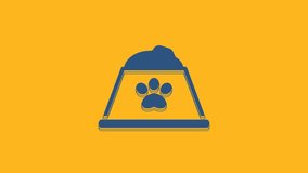 Blue Pet food bowl for cat or dog icon isolated on orange background. Dog or cat paw print. 4K Video motion graphic animation .