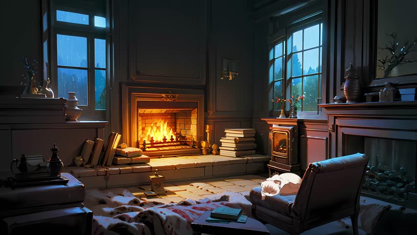 A cup of hot tea, reading a book in front of the fireplace on a cozy Rainy Night Ambience. Sweet Cat Sleeping Next To Fireplace. Loop Animation Video For LoFi Music and Live Wallpaper Royalty-Free Stock Footage #1104899961