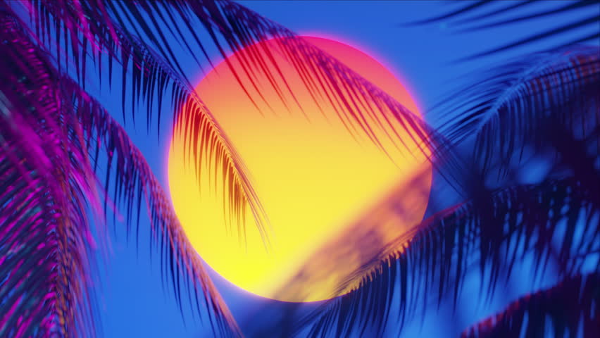 Sunset behind palm leaf, Retrowave Background