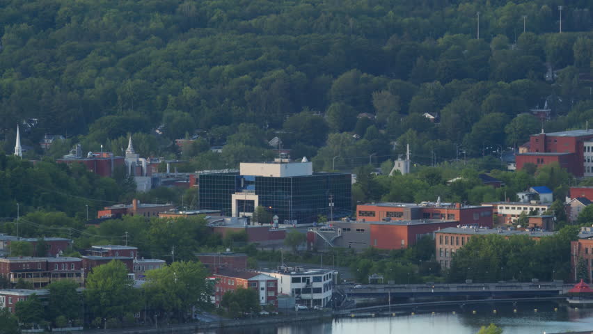 sherbrooke city landscape in quebec, canada, downtown college panning view from mont bellevue 