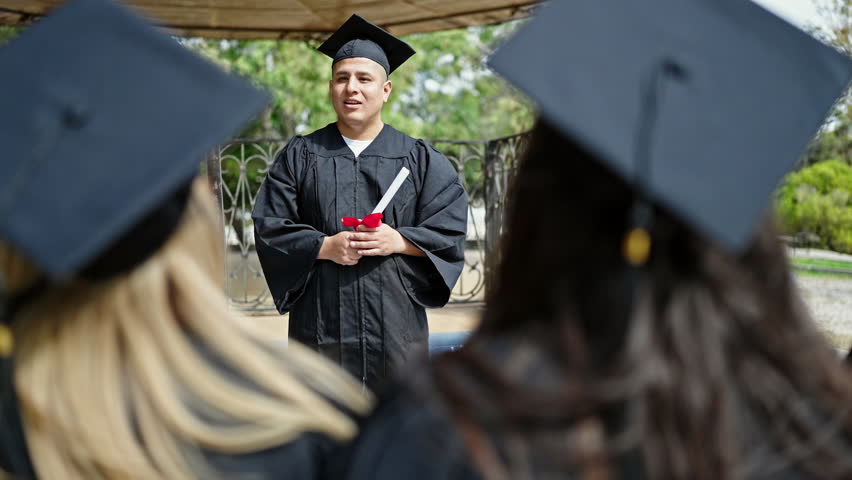 Group of people students graduated telling speech at university campus