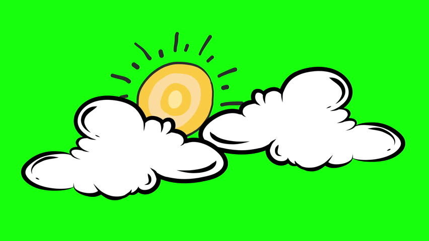 Cartoon simple sun rotation icon on cloud background green screen insert, chroma key green screen graphics motion wheather icon. stock 4K video animation. Super high resolution. Cool design element.