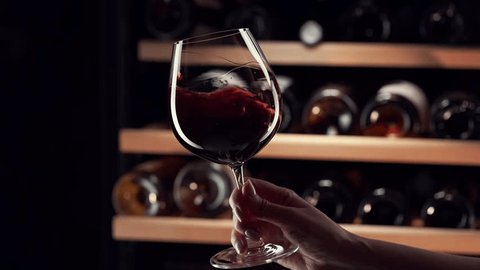 Close up female hand swirling red wine in wine glass. Wine expert tasting, rating and drinking wine, bottles in background. Slow motion video. วิดีโอสต็อก