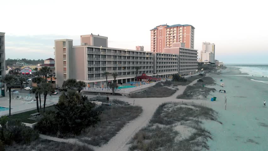 Aerial view of Myrtle Beach coastline and buildings from drone, South Carolina