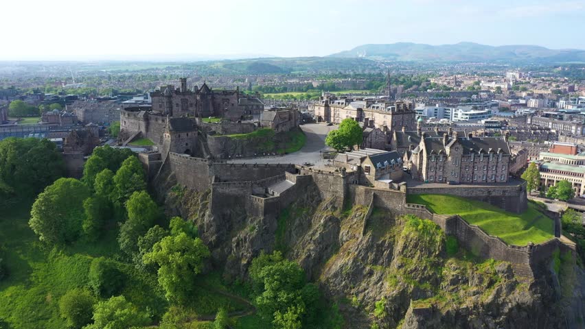 Edinburgh Scotland - June 4 2023: Aerial View of the Edinburgh Castle in Edinburgh Scotland Overlooking the City