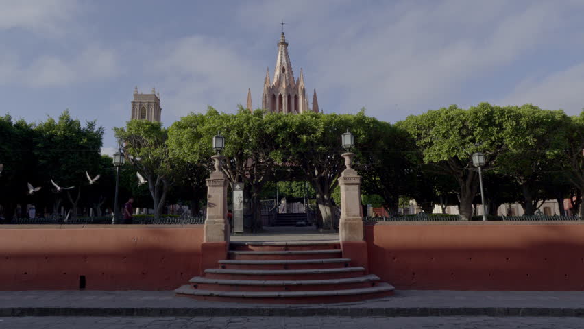 View of Cathedral of San Miguel Arcángel in plaza Allende at the morning,  city of San Miguel De Allende, Mexico.  Magic town ( Pueblo magico )