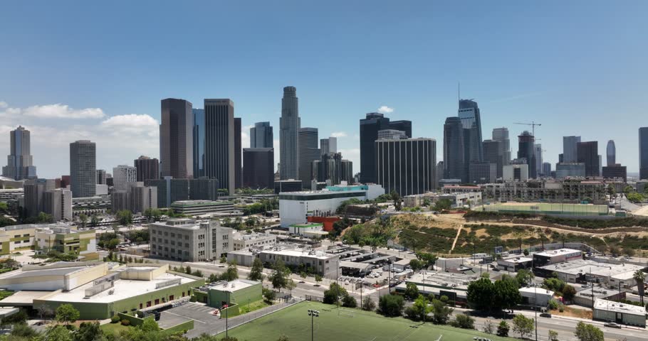 Los Angeles downtown arial fly drone, skyscrapers cityscape. Los Angeles, USA, June 1, 2022.