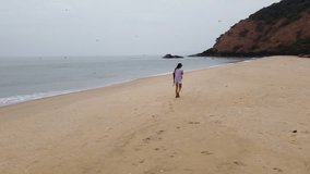 drone flight around a girl with a camera on the beach and a flock of birds flying over the sea